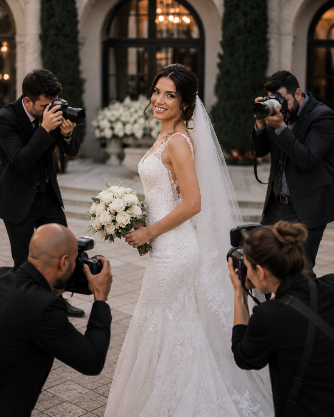 Noiva sorrindo com confiança sendo fotografada no casamento